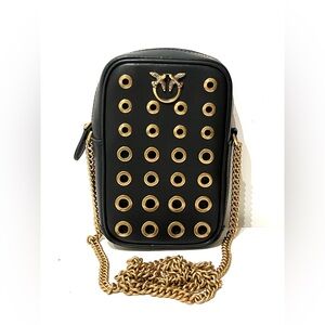 Pinko Black Leather Vertical Phone Bag Chain Strap